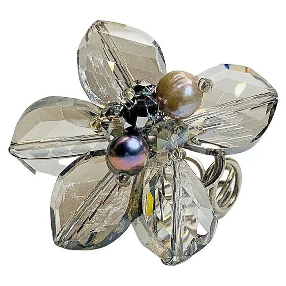 Glass Flower Statement Ring Sz 7 Bead Silver Cottagecore - Picture 10 of 15